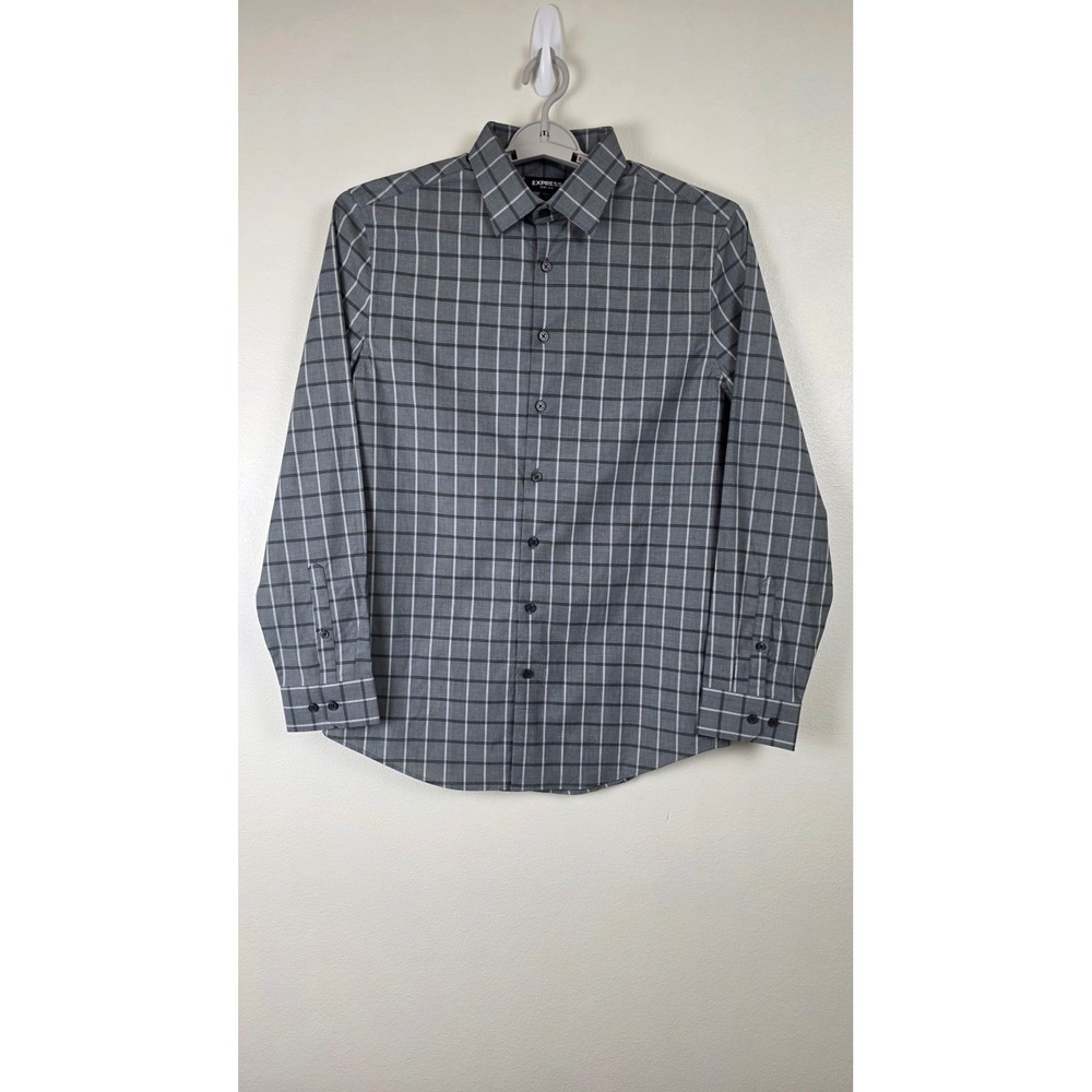 Express Button Up Shirt Mens M Grey Grid Long Sleeve Extra Slim Business Office